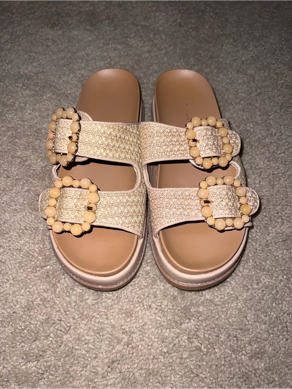Beaded Buckle Slide Sandals - Neutral Beige
